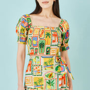 Yumi Multicolour Cropped Shirred Cotton Postcard Print Top
