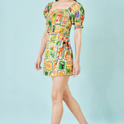 Yumi Multicolour Cropped Shirred Cotton Postcard Print Top