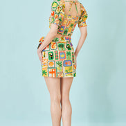 Yumi Multicolour Cropped Shirred Cotton Postcard Print Top