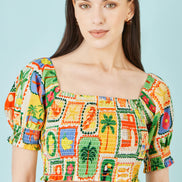 Yumi Multicolour Cropped Shirred Cotton Postcard Print Top