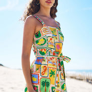 Yumi Multicolour Cotton Postcard Print Playsuit