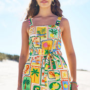 Yumi Multicolour Cotton Postcard Print Playsuit