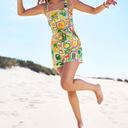 Yumi Multicolour Cotton Postcard Print Playsuit