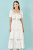 Yumi White Cotton Square Neckline Lace Midi Dress