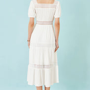 Yumi White Cotton Square Neckline Lace Midi Dress