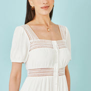 Yumi White Cotton Square Neckline Lace Midi Dress