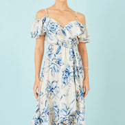 Yumi Ivory Floral Print Bardot Midi Dress With Dip Hem