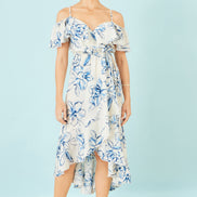 Yumi Ivory Floral Print Bardot Midi Dress With Dip Hem