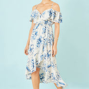 Yumi Ivory Floral Print Bardot Midi Dress With Dip Hem