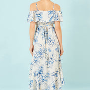Yumi Ivory Floral Print Bardot Midi Dress With Dip Hem