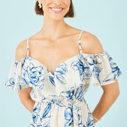 Yumi Ivory Floral Print Bardot Midi Dress With Dip Hem