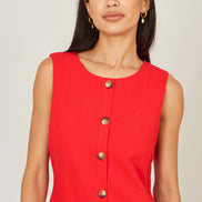 Yumi Red Viscose Button Detail Shift Dress