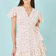Yumi White Ditsy Print Frill Wrap Dress