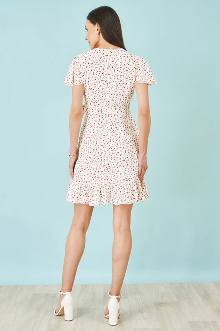 Yumi White Ditsy Print Frill Wrap Dress
