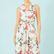 Yumi Ivory Blurred Floral Print Mesh Stretch Midi Dress with Pockets