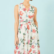 Yumi Ivory Blurred Floral Print Mesh Stretch Midi Dress with Pockets