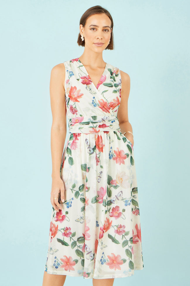 Yumi Ivory Blurred Floral Print Mesh Stretch Midi Dress with Pockets