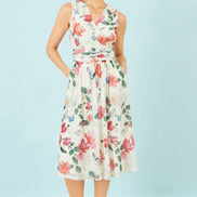 Yumi Ivory Blurred Floral Print Mesh Stretch Midi Dress with Pockets