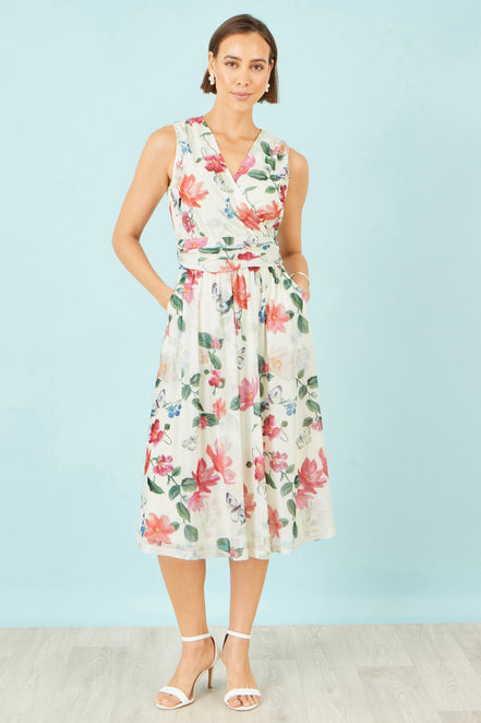 Yumi Ivory Blurred Floral Print Mesh Stretch Midi Dress with Pockets