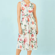 Yumi Ivory Blurred Floral Print Mesh Stretch Midi Dress with Pockets
