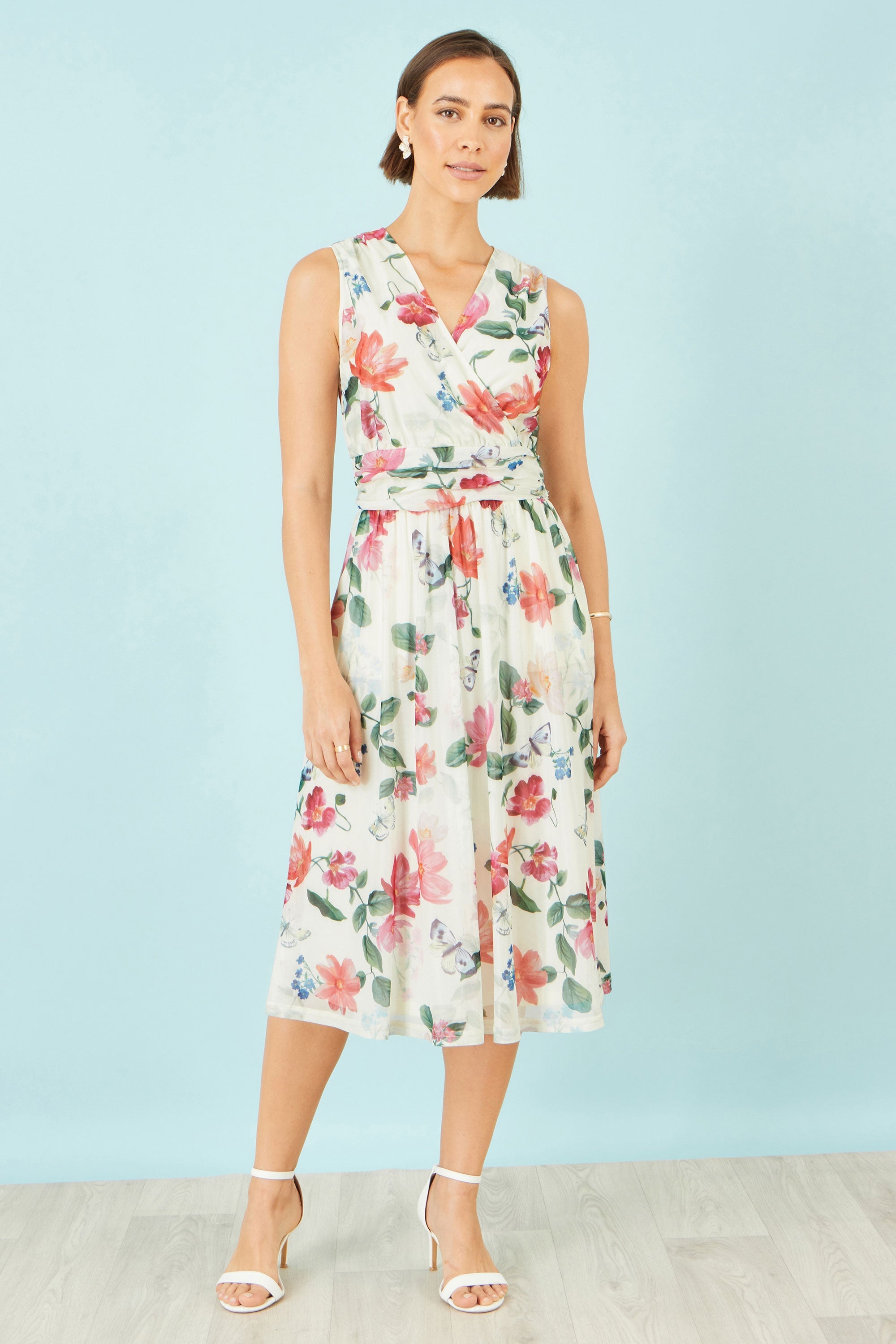 Yumi Ivory Blurred Floral Print Mesh Stretch Midi Dress with Pockets