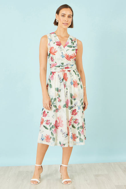 Yumi Ivory Blurred Floral Print Mesh Stretch Midi Dress with Pockets