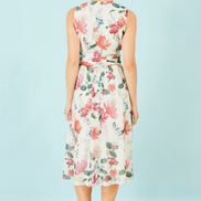 Yumi Ivory Blurred Floral Print Mesh Stretch Midi Dress with Pockets