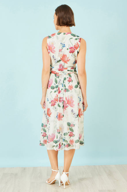 Yumi Ivory Blurred Floral Print Mesh Stretch Midi Dress with Pockets