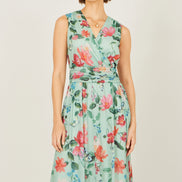 Yumi Mint Blurred Floral Mesh Wrap Midi Dress