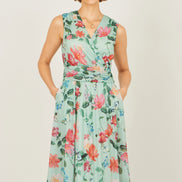 Yumi Mint Blurred Floral Mesh Wrap Midi Dress