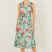 Yumi Mint Blurred Floral Mesh Wrap Midi Dress