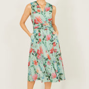 Yumi Mint Blurred Floral Mesh Wrap Midi Dress