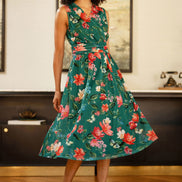 Yumi Green Blurred Floral Print Mesh Stretch Midi Dress with Pockets