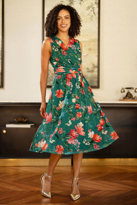 Yumi Green Blurred Floral Print Mesh Stretch Midi Dress with Pockets