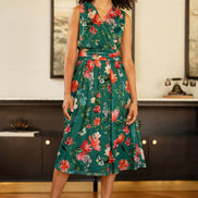 Yumi Green Blurred Floral Print Mesh Stretch Midi Dress with Pockets