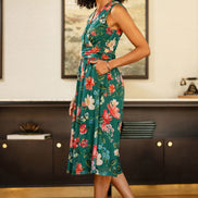 Yumi Green Blurred Floral Print Mesh Stretch Midi Dress with Pockets