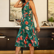 Yumi Green Blurred Floral Print Mesh Stretch Midi Dress with Pockets