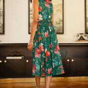 Yumi Green Blurred Floral Print Mesh Stretch Midi Dress with Pockets