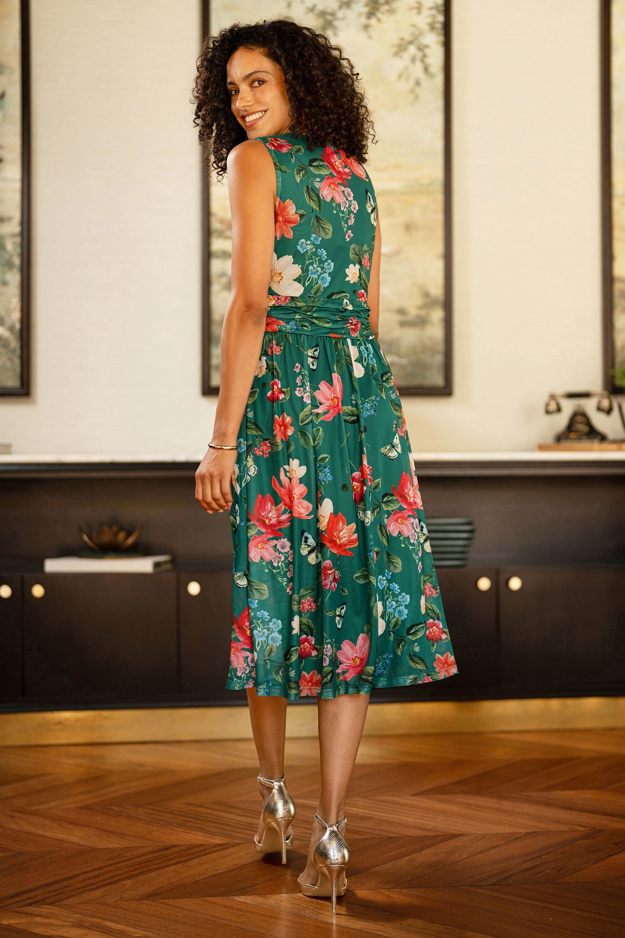 Yumi Green Blurred Floral Print Mesh Stretch Midi Dress with Pockets