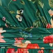 Yumi Green Blurred Floral Print Mesh Stretch Midi Dress with Pockets