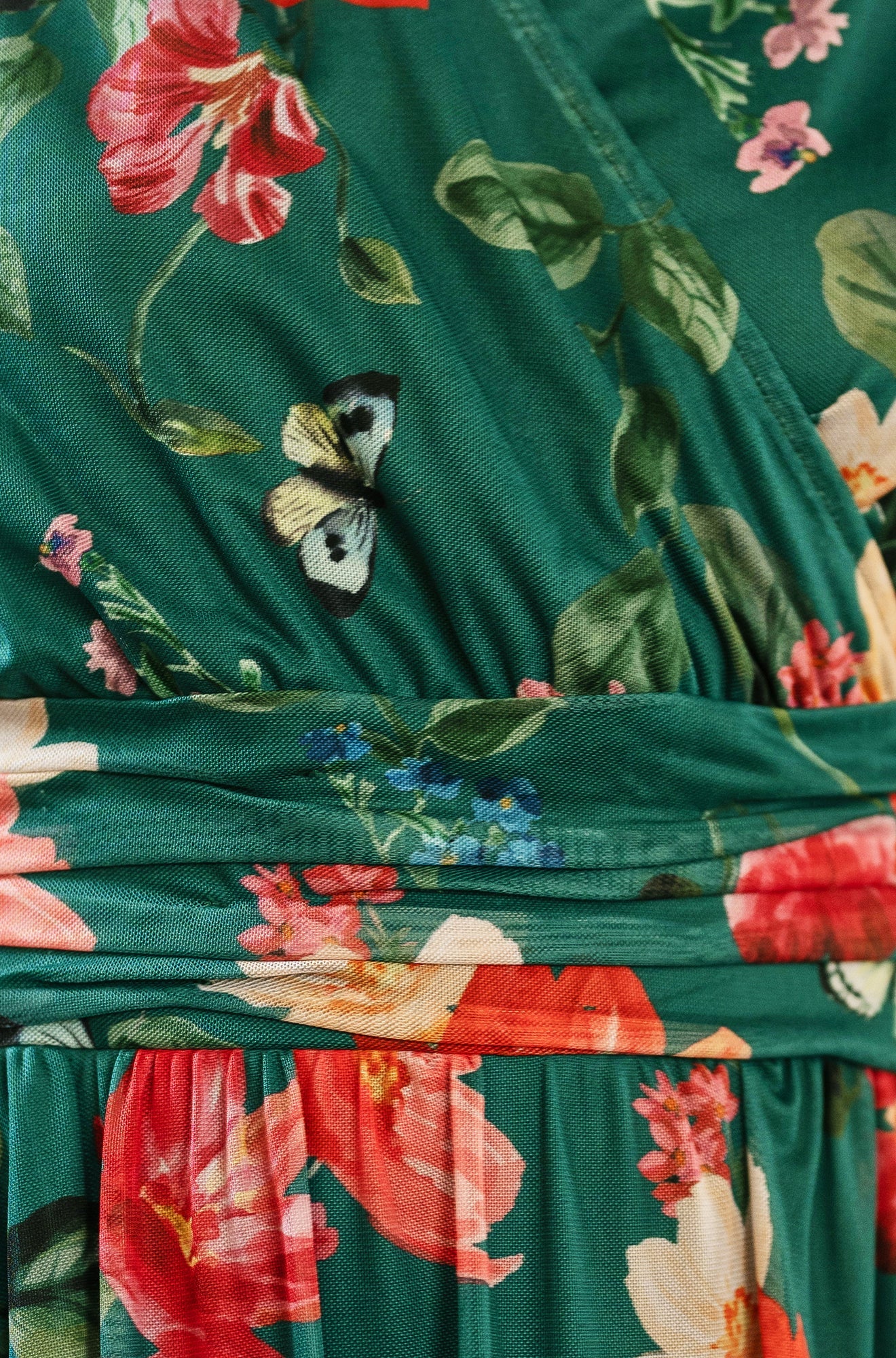 Yumi Green Blurred Floral Print Mesh Stretch Midi Dress with Pockets