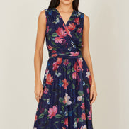 Yumi Navy Blurred Floral Print Mesh Stretch Midi Dress with Pockets