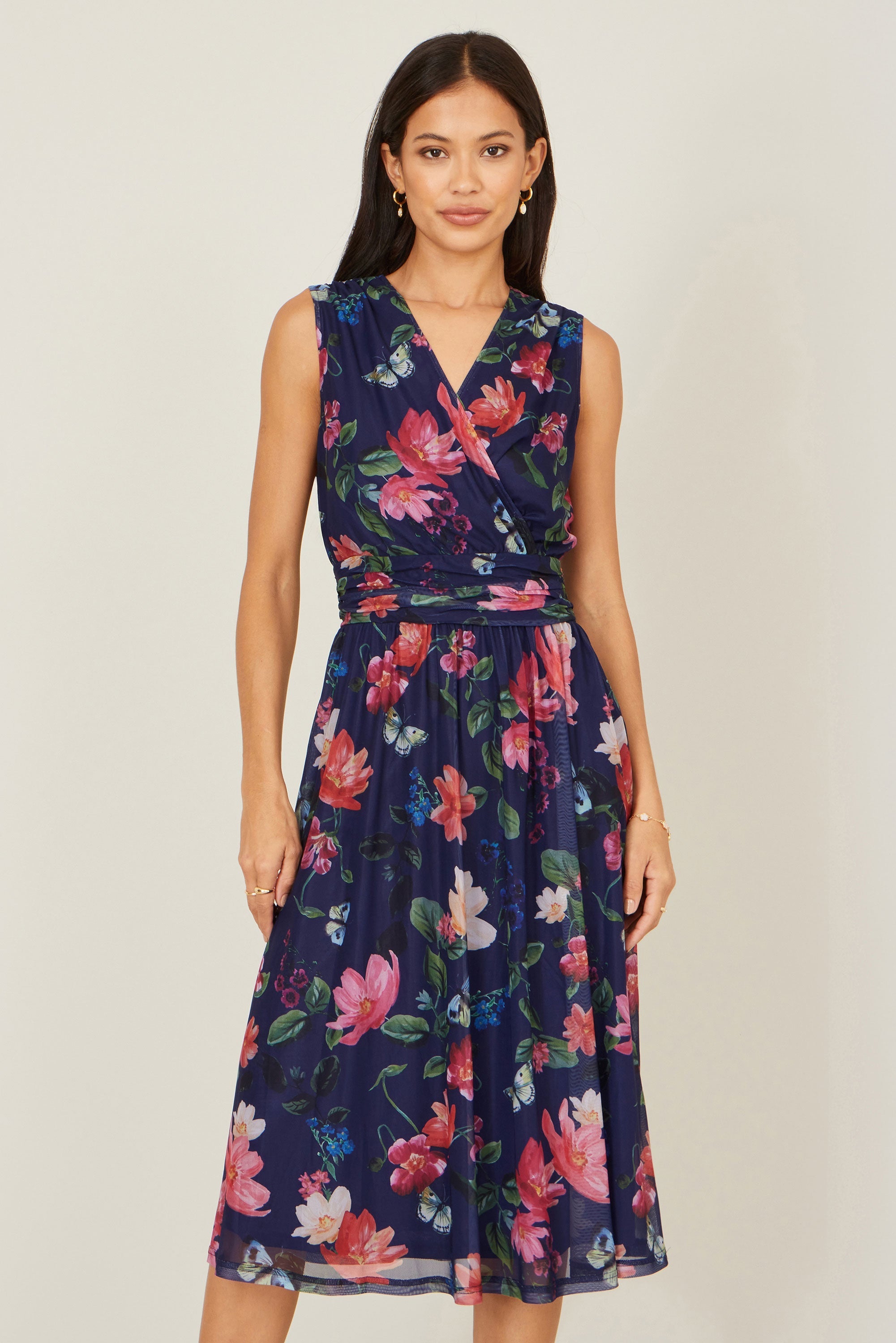 Yumi Navy Blurred Floral Print Mesh Stretch Midi Dress with Pockets