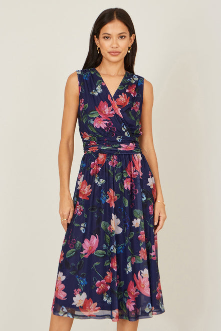 Yumi Navy Blurred Floral Print Mesh Stretch Midi Dress with Pockets