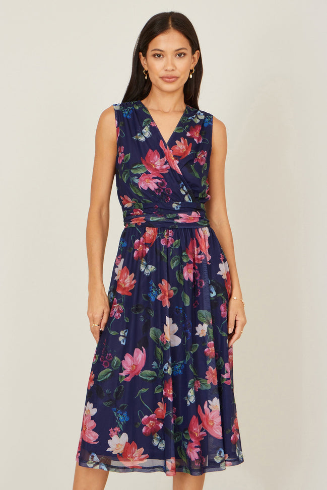 Yumi Navy Blurred Floral Print Mesh Stretch Midi Dress with Pockets