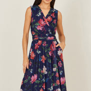 Yumi Navy Blurred Floral Print Mesh Stretch Midi Dress with Pockets