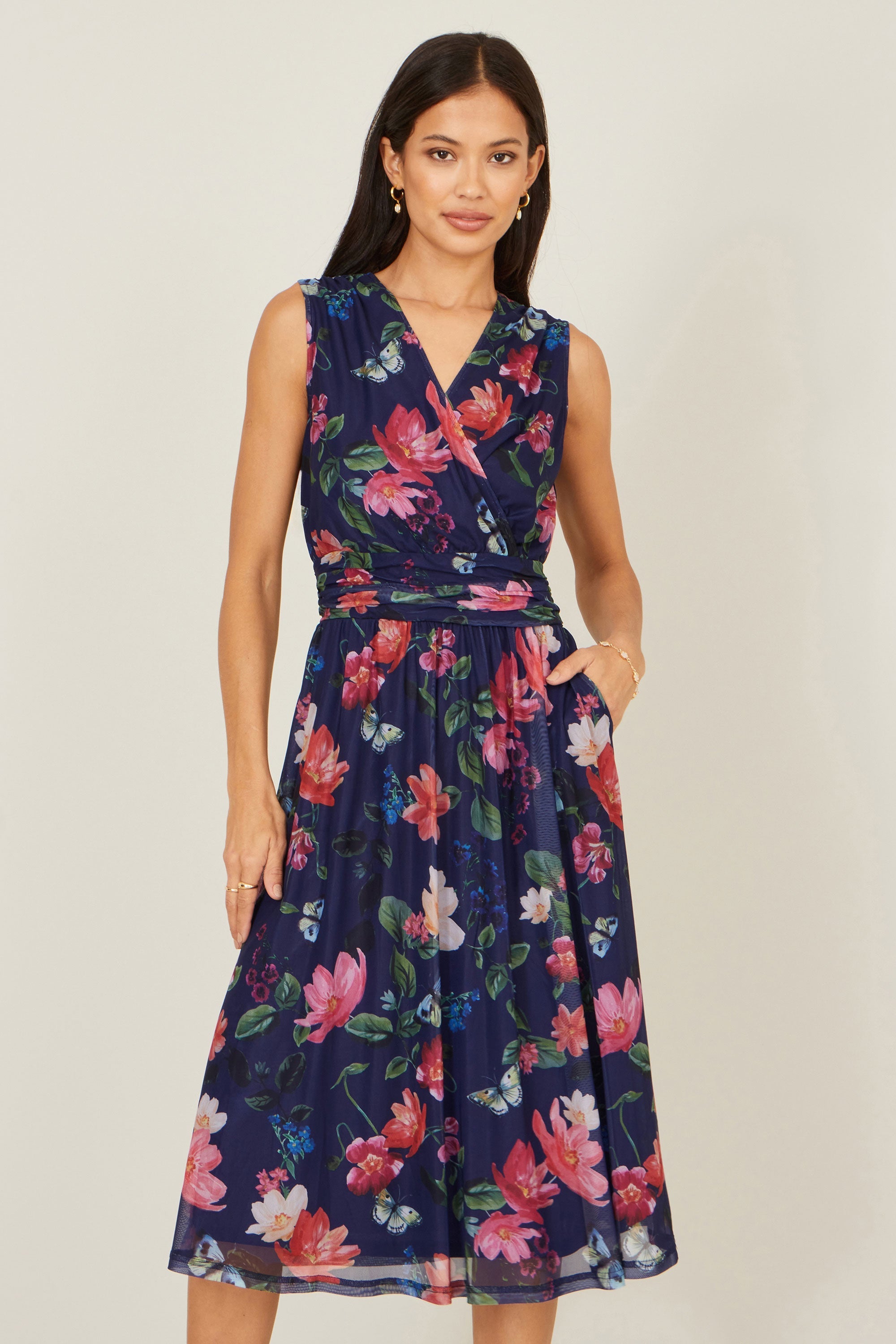 Yumi Navy Blurred Floral Print Mesh Stretch Midi Dress with Pockets