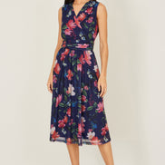Yumi Navy Blurred Floral Print Mesh Stretch Midi Dress with Pockets