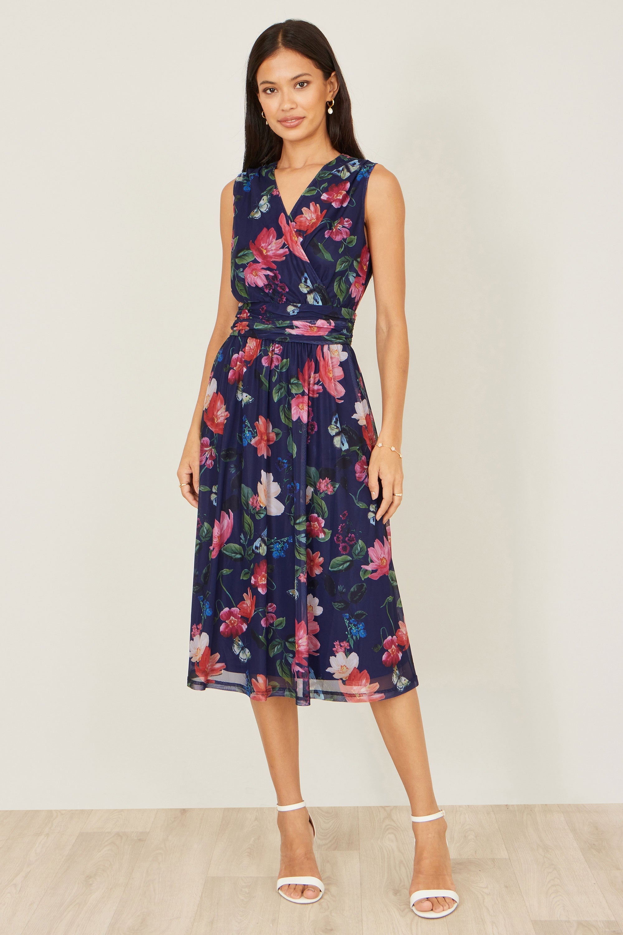 Yumi Navy Blurred Floral Print Mesh Stretch Midi Dress with Pockets