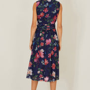 Yumi Navy Blurred Floral Print Mesh Stretch Midi Dress with Pockets